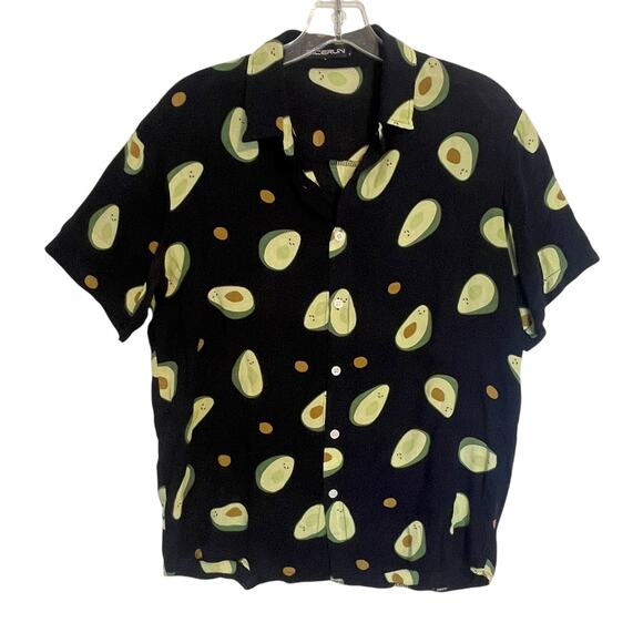 Incerun Avocado Print Shirt Mens Medium Navy Green Short Sleeve Novelty Casual - Picture 1 of 8